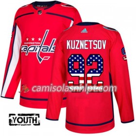 Camisola Washington Capitals Evgeny Kuznetsov 92 Adidas 2017-2018 Vermelho USA Flag Fashion Authentic - Criança